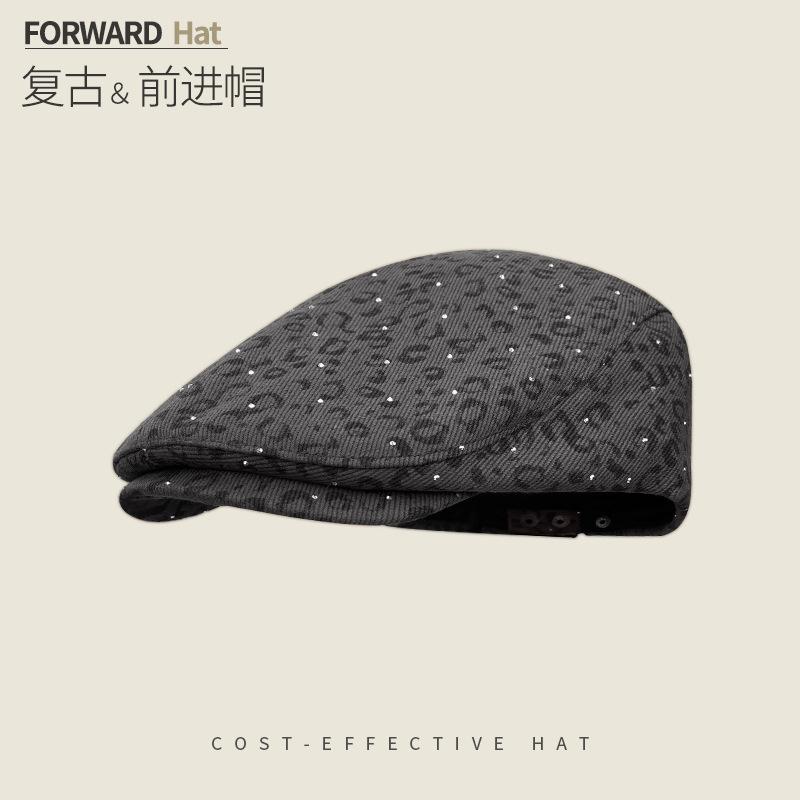 

Diamond Sequined Leopard Print Forward Hat Children S Season Spice Girl Duck Tongue Beret Literary Reverse Newsboy Hat 54-59cm