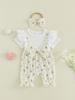 Stylish Baby Girl Floral Print Romper with Ruffle Sleeves and Matching Bow Headband - Trendy 2 Piece Outfit for Summer