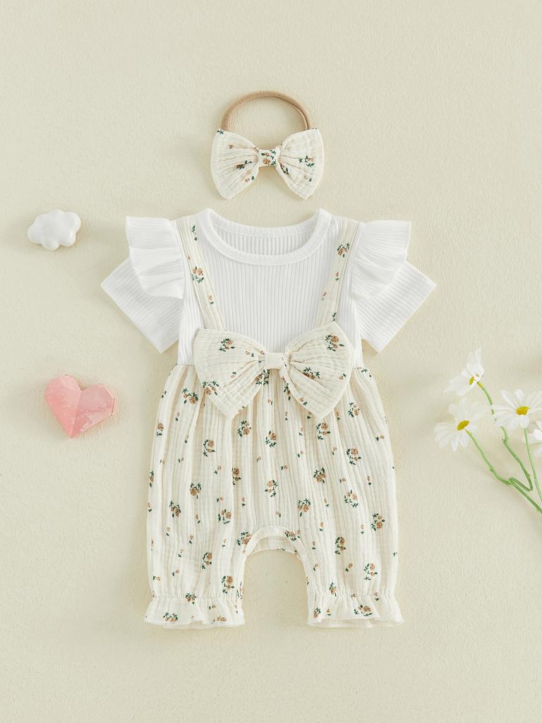Stylish Baby Girl Floral Print Romper with Ruffle Sleeves and Matching Bow Headband - Trendy 2 Piece Outfit for Summer