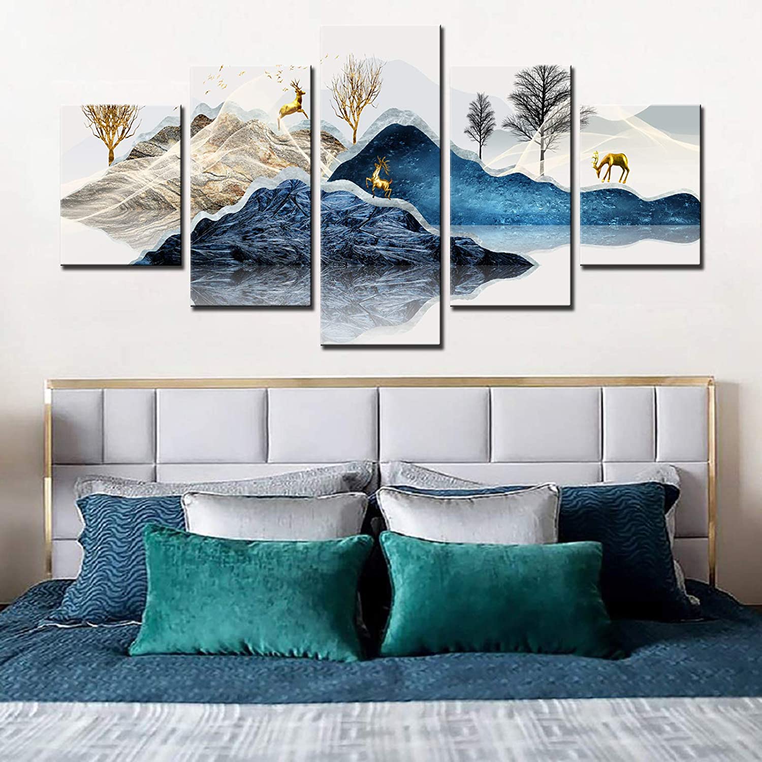 

5 шт., картины с изображением трех золотых оленей и гор, картины в китайском стиле, настенные художественные плакаты, домашний декор, декор комнаты в рамке, современный 5 панелей
