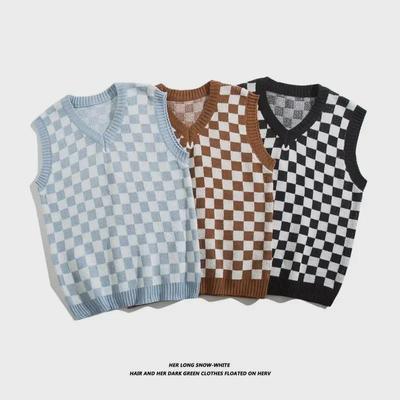Men's British College Style Retro Plaid V-Neck Vest - Autumn/Winter Black & White Sweater