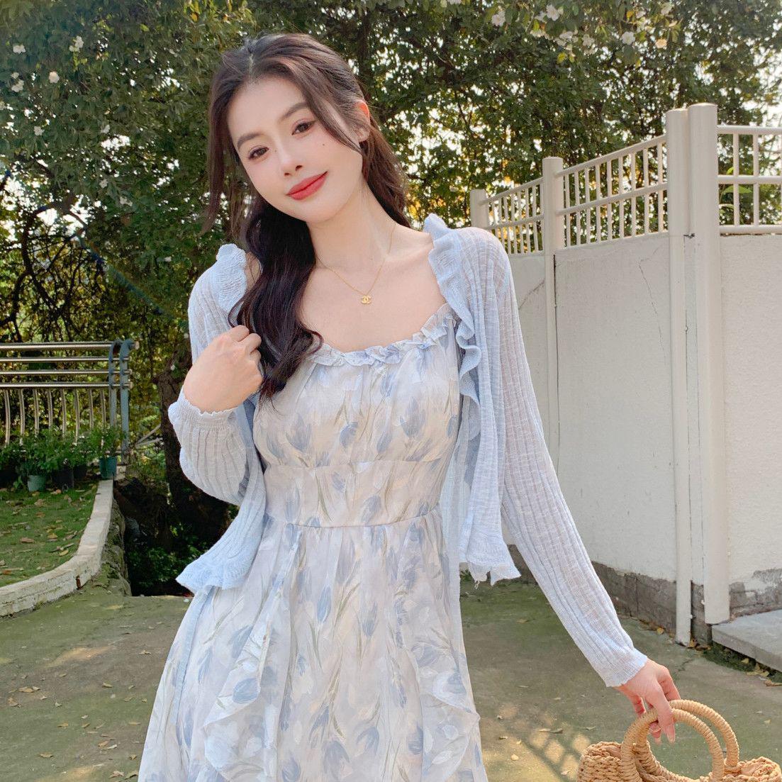 

Women s Spring/Summer French Floral Sling Dress Set with Ruffled Sun Protection Shirt and Wide Hem A-Line Dress S (80-95 lbs)
