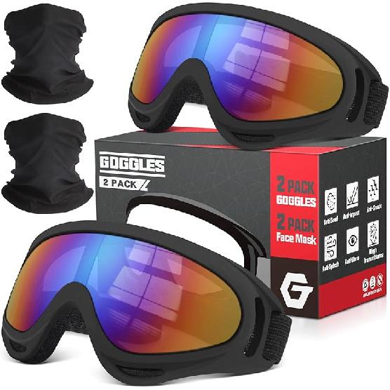 OXG 2 Pack Motorcycle Goggles With 2 Neck Gaiters, UV400 Protection Dirt Bike Motorbike Motocross ATV Skiing Goggles Multicolor+multicolor