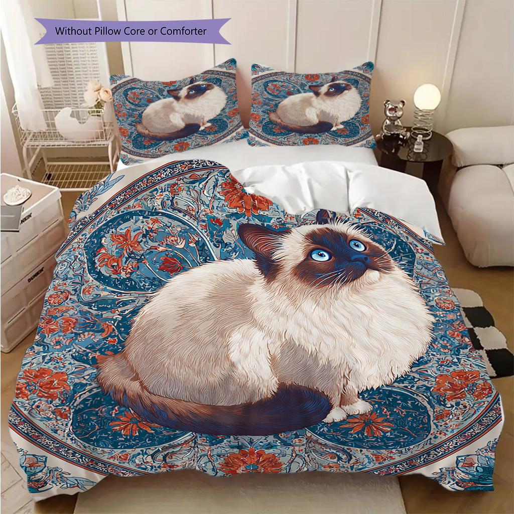 Weißes Katzenmuster Bettwäsche Steppdecke Set Deckenbezug Kissenbezug Heimdekoration Geburtstagsgeschenk (1 Bettbezug + 2 Kissenbezüge, ohne Füllung)