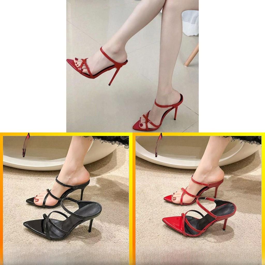 Eleganti Sandali Rossi e Neri con Tacco Alto e Punta Aperta per Scarpe Estive da Donna