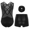 Dívčí 3dílná taneční souprava Bez rukávů Metalické leotard Křížená záda Kamínky Barevně blokovaný design se šortkami Čelenka
