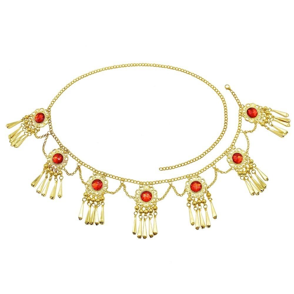 Ethnic Red Bohemian Acrylic Gemstone Fringe Waist Chain With Flower Pendant