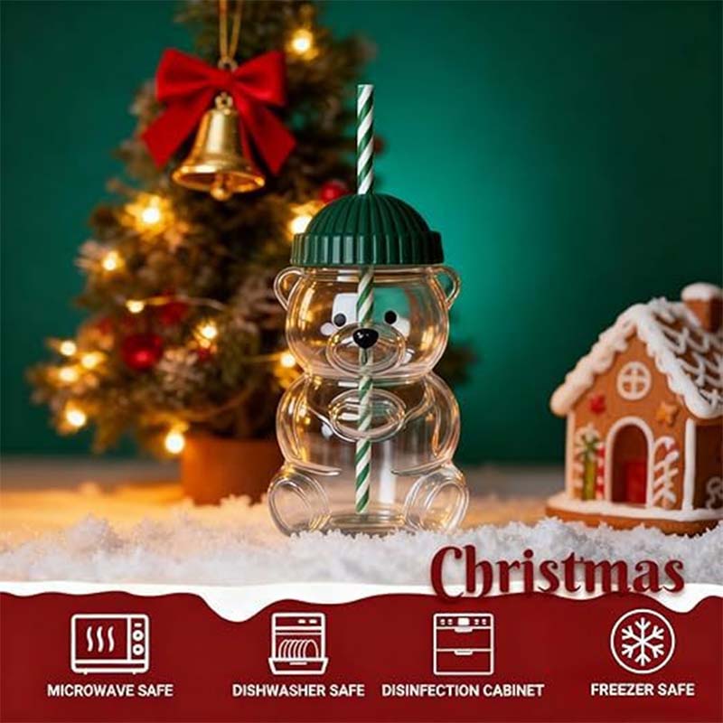 550ML Creative Bear Shaped Glasses With Straw & Lids Clear Glass Coffee Mugs Plastic Milk Drink Water Cups For Christmas Gifts