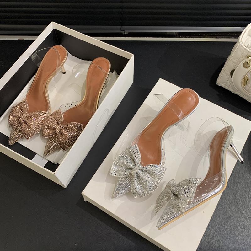 Crystal Bowknot PVC Transparent Women Pumps Champagne Silver Pointed Toe Low Heels Sandals Prom Party Shoes