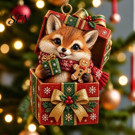 Small Animal Gift Tags for Christmas Forest Ornament, 2D Flat Acrylic Fox Reindeer Squirrel Raccoon in Tree Decoration Set Box Hanging Xmas
