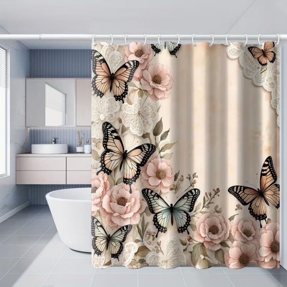 VIKAMA American Floral Butterfly Print Shower Curtain, Suitable For Bathroom Window, Bathtub Partitions, Home Decor Bath Curtain