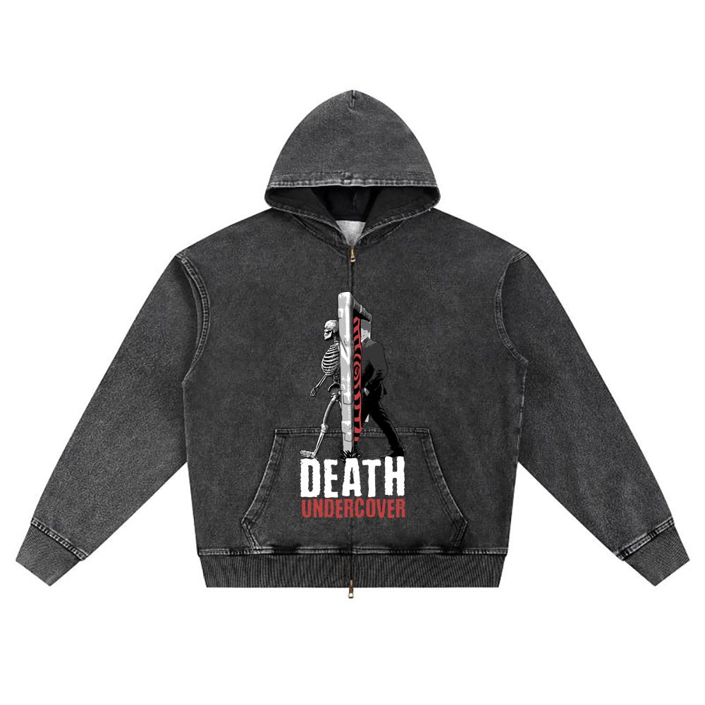 DTG print Knitted Denim Zip-Up Hoodie DEATH UNDERCOVER Brother Print Zipper Hoodies  