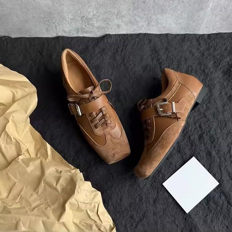 British Leather Women's Shoes Inner Height Increase 3cm Retro Square Head Belt Buckle Single Shoes Designer