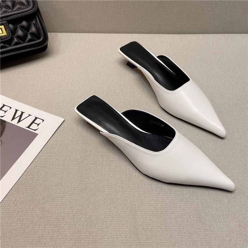 2025 Spring New Temperament Thin Pointed Cat with Bag Head Cool Slippers Women Wear Soft Leather Thin Heel Muller Half Slippers