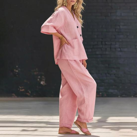 Damen 2-teiliges Outfit: Lässiges Kurzarm-Top mit Knopfleiste und V-Ausschnitt sowie lange Hose mit Taschen, Loungewear-Set für den Sommer, locker geschnitten