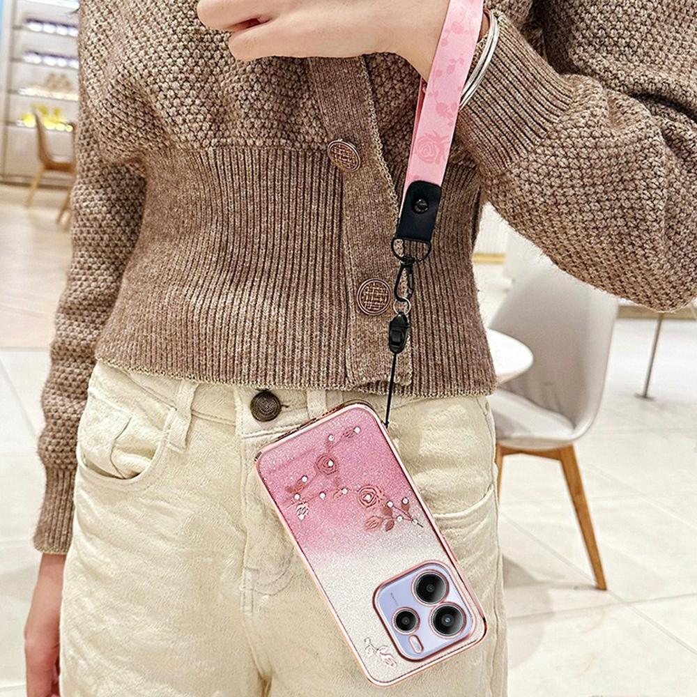 For Xiaomi Redmi Note 14 4G (163.25mm) Case Flower Pattern TPU Gradient Phone Cover with Lanyards