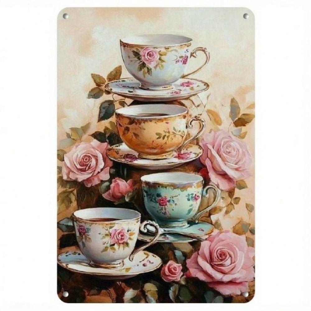 Vintage Metal Poster Rose Cup Leaves Wall Art Home Cafe Bar
