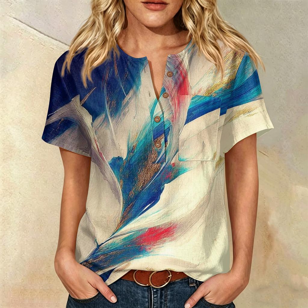 Women Short Sleeve Henley Button Neck Shirt Linen Cotton Blend Casual Chest Pocket Printed Top