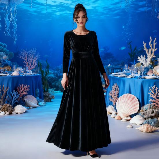Damen Samt Maxi Kleid Lässig Rundhals Langarm A-Linien Swing Kleid Herbst Cocktailparty Formelles Kleid für Hochzeitsgast