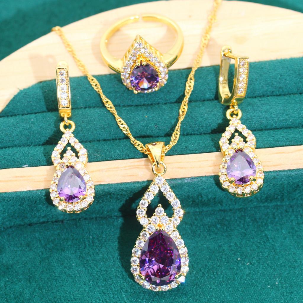 New European and N Fashion Jewelry Set Zircon Necklace Earrings Ring