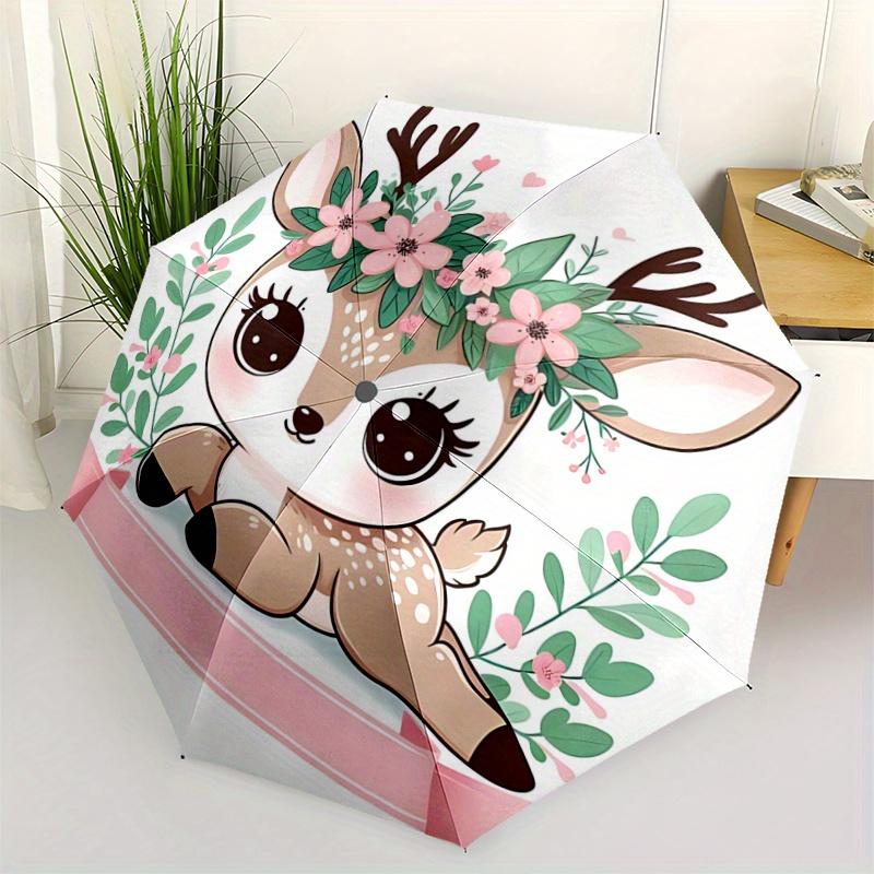 

1pc Cute Deer Floral Wreath Auto Open Close Umbrella - Portable 3-Fold Design with 8 Ribs, Outdoor, Travelers, Daily Use, Festive Gift.F008