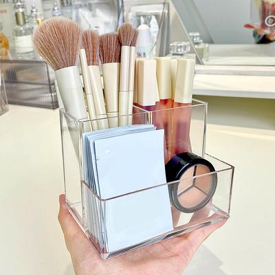 Specchio acrilico Scatola per trucco trasparente a tre scomparti Secchiello per pennelli da trucco Organizer per cosmetici Porta penne da scrivania per studenti Scatola portaoggetti
