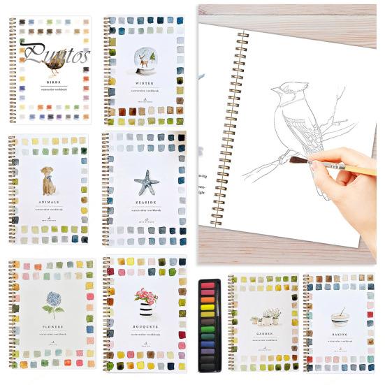 Watercolor Workbook 12 Colors Watercolor Painting Set with Paint Brush Beginner-Friendly Birds Animals Flowers Watercolor Book