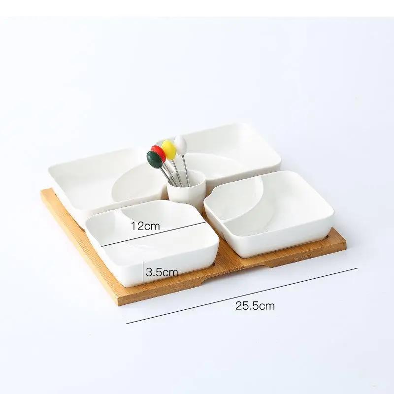 Multi Grid Ceramic Fruit Platter Wooden Tray Snacks Dessert Plates Home Tableware Dried Nut Candy Kitchen Accessories