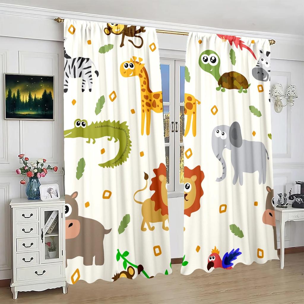 Set Of 2 Cute Animal Print Curtain Cartoon Design Window Drapes Nursery Decor Curtains Blackout Made Polyester