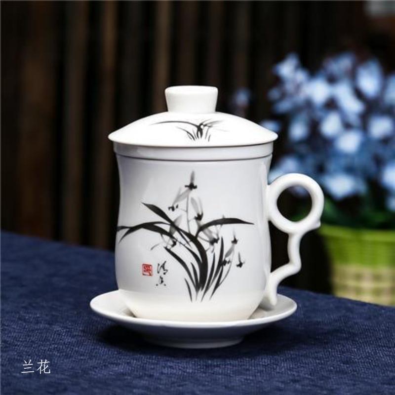 4-teiliges Teetassen-Set Persönliche Teetasse Keramik mit innerem Filter und Deckel Wasserbecher Blau-Weißes Porzellan Büro Konferenzbecher
