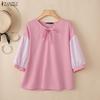 ZANZEA Women Casual Round Neck Stripe Splice Half Sleeve Loose Blouse