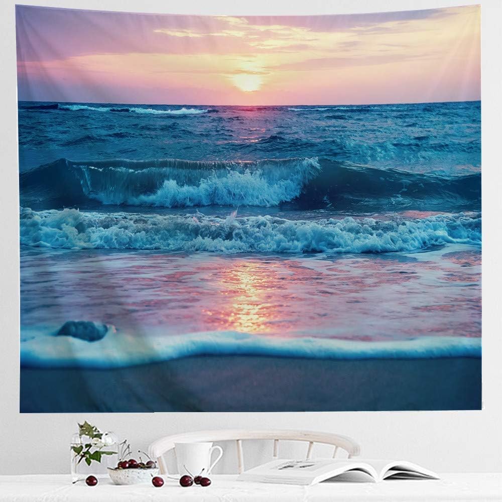 Ocean Tapestry Wall Hanging, Sea Beach Wave Sun Cloud Landscape Scenery Nature Wall Art [Double-Folded Hems] Bohemian Home Decor