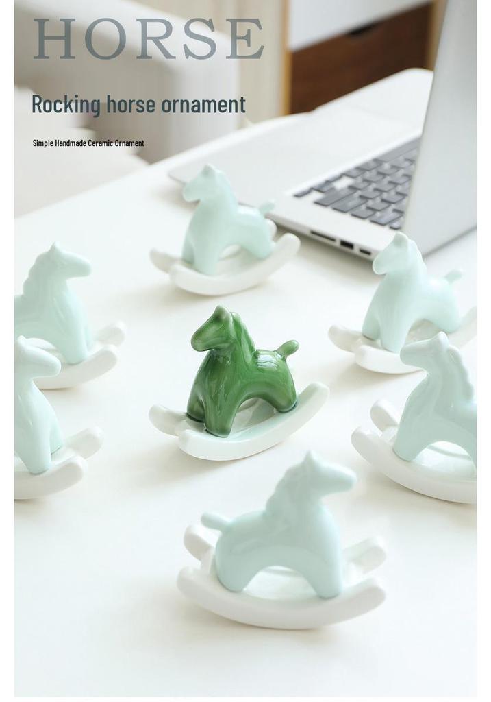 Modern Minimalist Ceramic Rocking Horse Ornament - Cute Green & Pink Tea Pet Decor for Home
