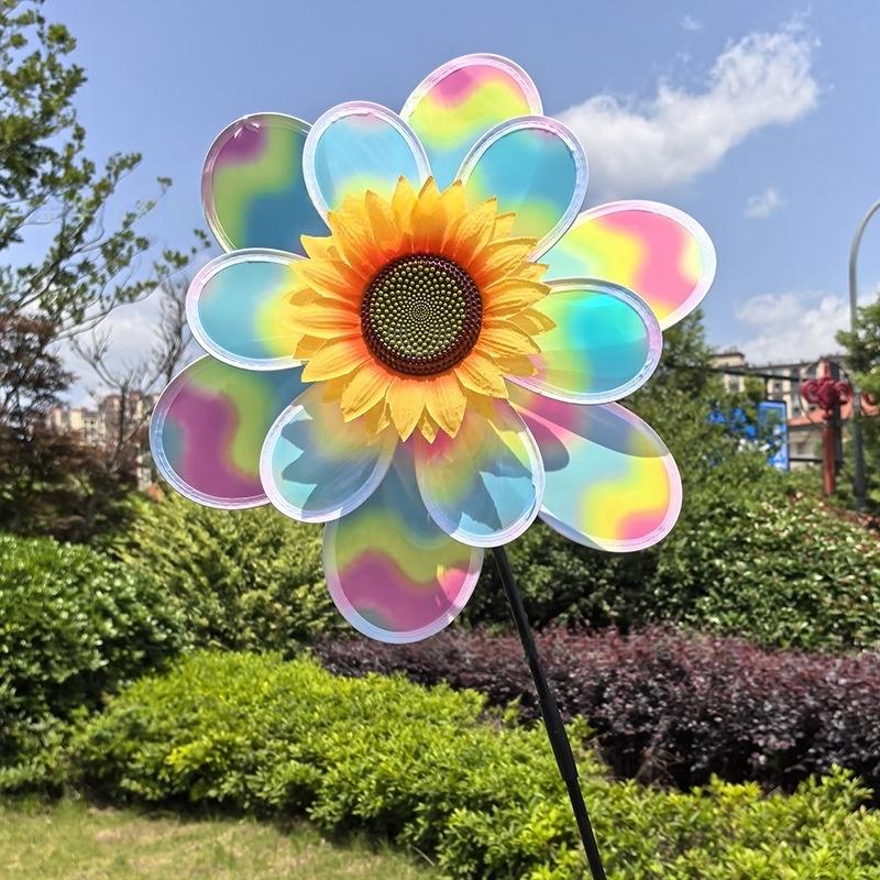 1 Piece Colorful Film Illusionary Flame Color Changing Sunflower Windmill Double-Layer Wind Spinner Kids Toys Garden Decor