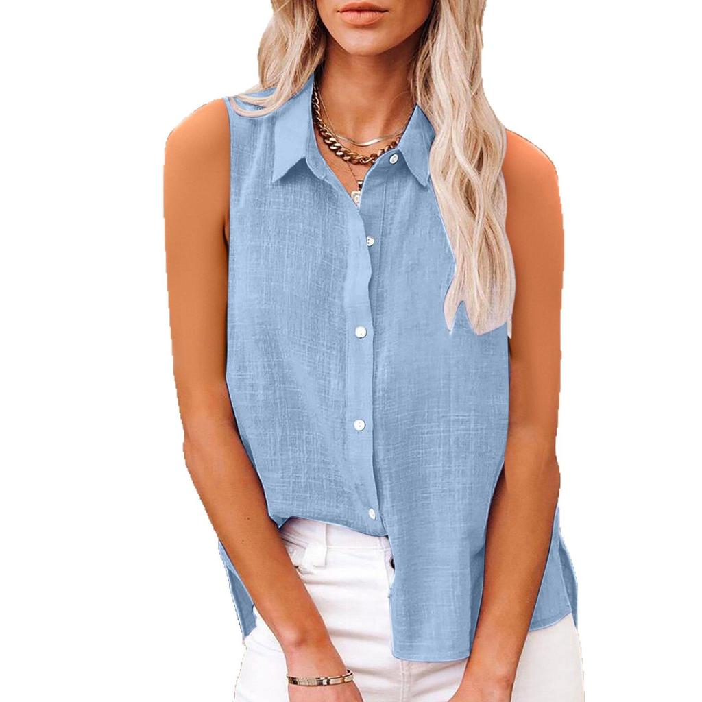 2025 European and American summer popular lapel cotton and linen buttons, sleeveless shirts women's clothing, shirts