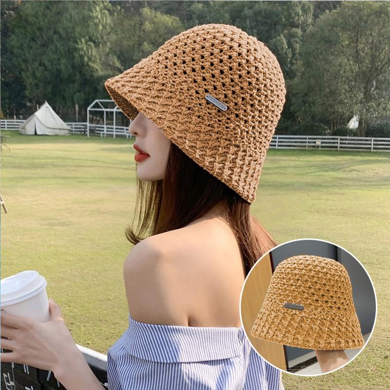 New Summer Handmade Hollow Knitted Crochet Floppy Hats Collapsible Dome Bucket Hat Solid Color Beach Caps Simple Soft Women Hat