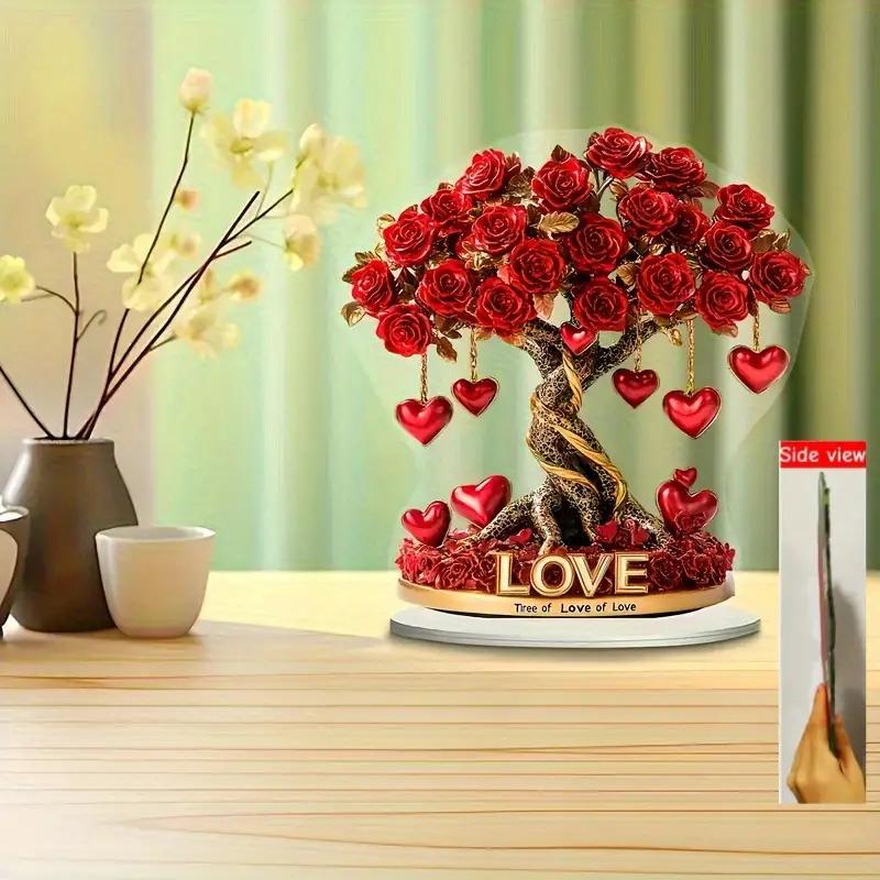 Bohemian Style Acrylic Crystal Heart Rose Tree Decoration, Suitable for Halloween and Christmas Ornaments with Golden Base and Red Roses 