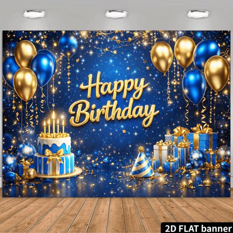 

2D Elegant Blue Gold Happy Birthday Backdrop Cake & Confetti Photography Bann 47.2x31.5inch/120*80cm
