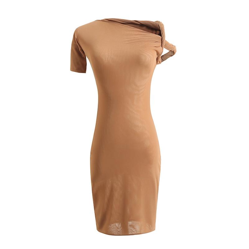 

Sexy Spice Girl Mesh Semi-transparent Slim Skinny Hip Wrap Elastic Shoulder Asymmetrical Knot Dress Short Skirt S телесный