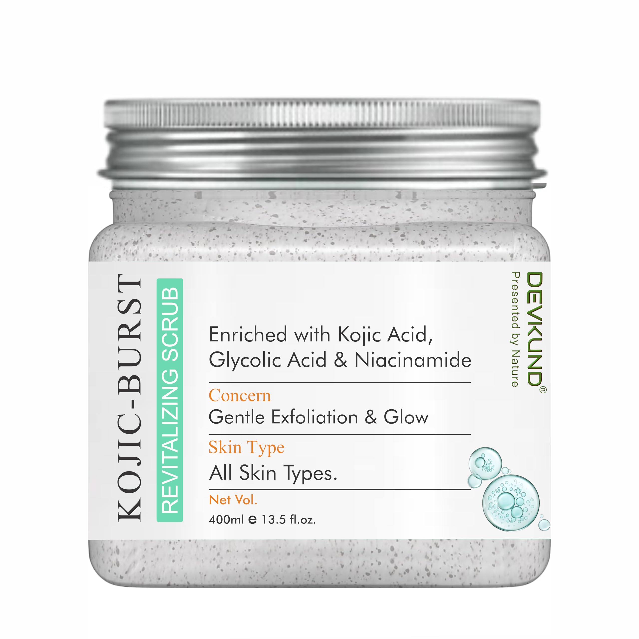 Devkund Presented by Nature Kojic-Burst Revitalizing Face & Body Scrub | Enriched with Kojic Acid, Glycolic Acid & Niacinamide | Skin Brightening,