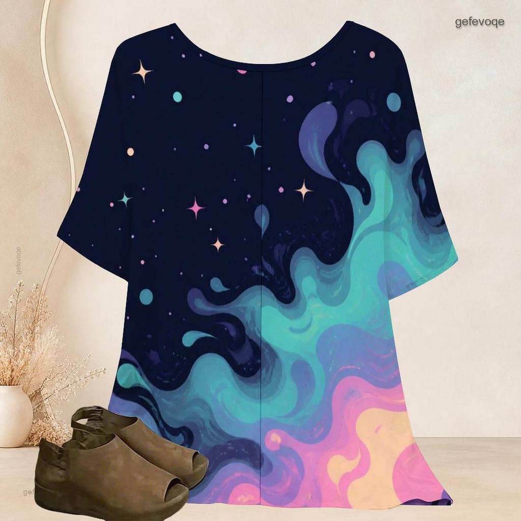 Damen Übergröße Fledermausärmel Kurzarm Oberteil Rundhals Stern Farbspritzer Print Locker Lässige Tunika Bluse