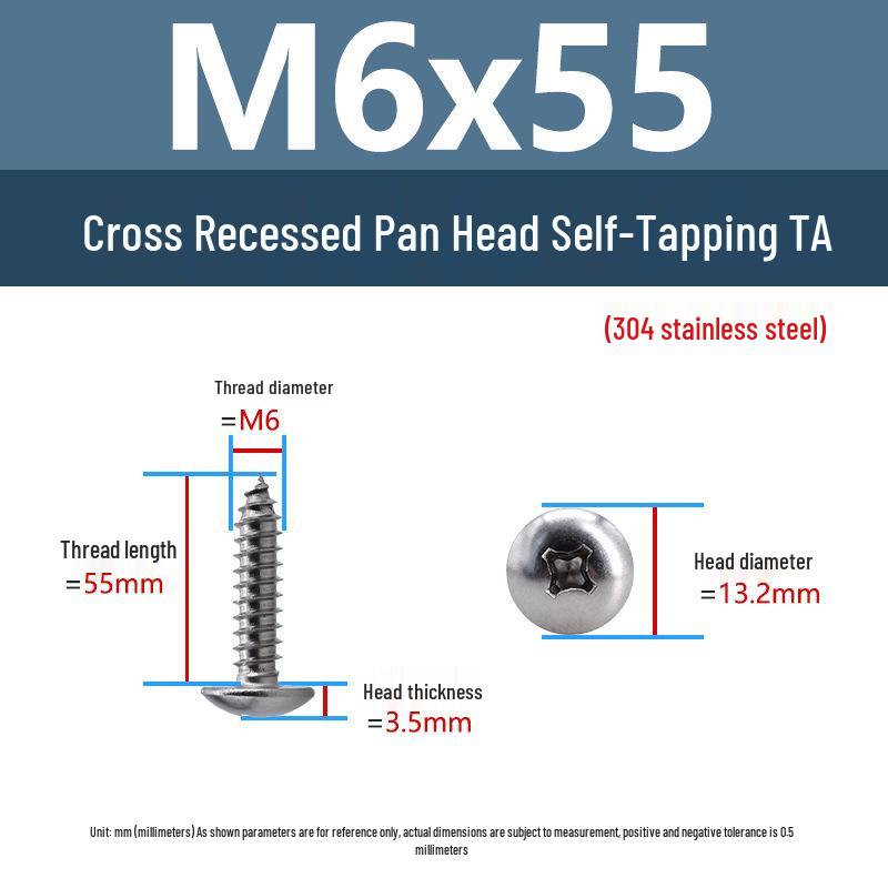 304 Stainless Steel Large Flat Head Self-Tapping Screws, TA Umbrella Head, Pointed Tail, M2-