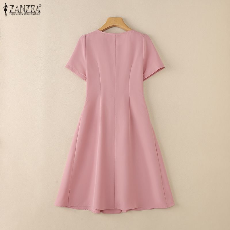 ZANZEA Women Casual Round Neck Summer Puff Short Sleeve Dress