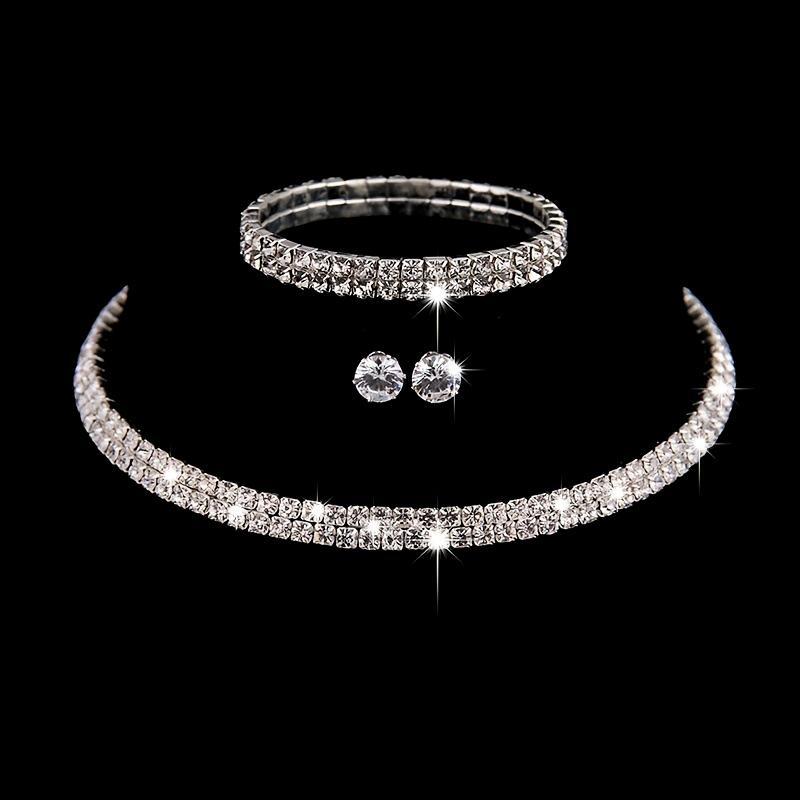 3Pcs/set Fashion Crystal Bridal Jewelry For Women Charm Silver Color Rhinestone Necklace Earrings Bracelet Wedding Party Jewelry