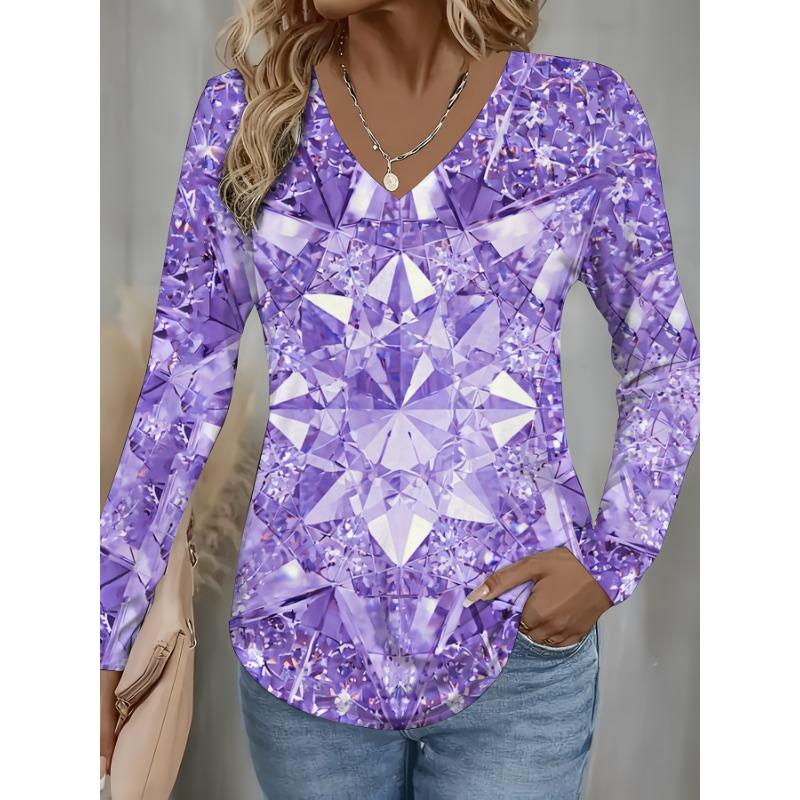 All-over Printed Women's Fashionable V-neck Crystal Star Long-sleeved Blouse