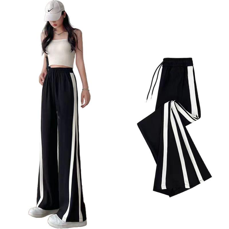 New Arrival Women's Black Side Stripe Patchwork Straight Leg Wide Pants – Trendy, Versatile, and Casual for Spring and Summer