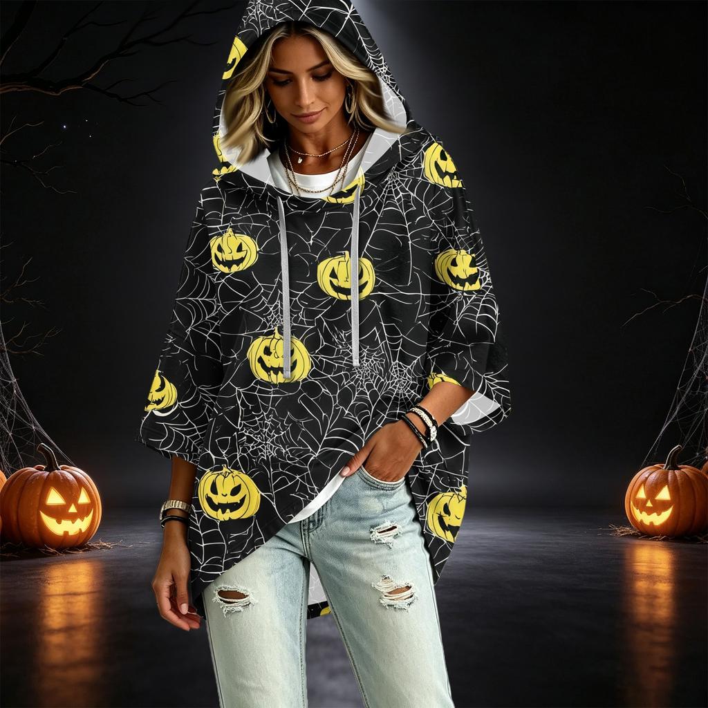 Women's Three-Quarter Sleeve Hoodie with Halloween Print Pullover Top