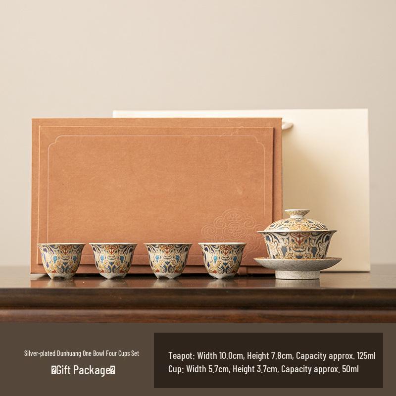 Silver-Plated Dunhuang Retro Gongfu Tea Set - Exquisite Ceramic Brewing & Drinking Utensils in Gift Box