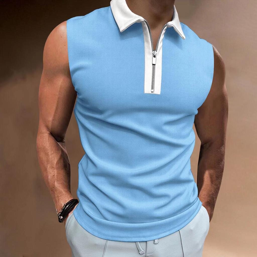 European and American Men's T-shirt 2023 New Color Matching Thin Sleeveless POLO Top Foreign Trade Casual Men