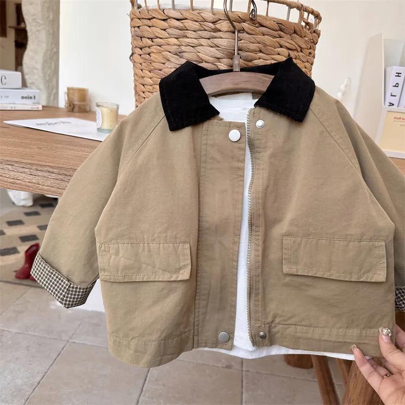 

Верхняя одежда Тренч Отложной воротник Молния Длинный рукав Весенние наряды Хлопок Простые чистые Модные повседневные удобные детские унисекс 90cm хаки